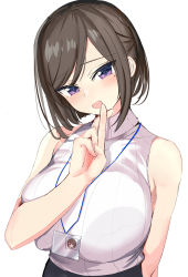 Rule 34 | 1girl, bad id, bad twitter id, bare shoulders, black skirt, bra visible through clothes, breasts, brown hair, crossed fingers, hanasaka houcha, highres, id card, lanyard, large breasts, looking at viewer, mole, mole under eye, office lady, open mouth, original, purple eyes, ribbed shirt, shirt, shirt tucked in, short hair, skirt, sleeveless, sleeveless shirt, swept bangs, white background, white shirt
