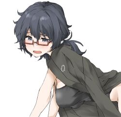 Rule 34 | 1girl, arm support, black camisole, black eyes, black hair, blush, camisole, commentary, elf (stroll in the woods), from side, frown, girls und panzer, glasses, hair tie, half-closed eyes, haori, japanese clothes, kneeling, leaning forward, medium hair, messy hair, open mouth, oryou (girls und panzer), red-framed eyewear, semi-rimless eyewear, short ponytail, simple background, solo, sweat, textless version, under-rim eyewear, white background