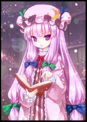 Rule 34 | 1girl, bad id, bad pixiv id, book, border, crescent, dress, female focus, hat, holding, holding book, kiira, long hair, low-tied long hair, open book, patchouli knowledge, purple eyes, purple hair, solo, touhou