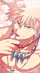 Rule 34 | 1boy, artist name, bakugou katsuki, bead necklace, beads, birthday, blonde hair, boku no hero academia, caustics, cherry blossoms, collarbone, dated, ear piercing, english text, finger to mouth, flower, food, food on face, hair flower, hair ornament, happy birthday, highres, icing, jewelry, licking, licking finger, looking at viewer, male focus, multiple necklaces, muscular, muscular male, necklace, nipples, pectorals, piercing, red eyes, short hair, signature, solo, sparkle, spiked hair, text focus, tongue, tongue out, topless male, tree, twitter username, v-shaped eyebrows, watermark, yazaki (yazakc)