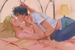 ash_lynx banana_fish bed bed_frame black_hair blonde_hair couple denim hand_on_another&#039;s_neck highres interracial jeans kiss koyasuyasuko12 lamp lying lying_on_person nipples okumura_eiji on_back pants pillow shirt short_hair t-shirt topless_male white_shirt yaoi