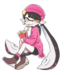 Rule 34 | + +, 1girl, beanie, black hair, black shorts, brown eyes, brown footwear, callie (splatoon), closed mouth, commentary, earrings, eating, food, french fries, full body, hat, hat ornament, highres, holding, holding food, inkling, invisible chair, jewelry, long hair, long sleeves, looking at viewer, mole, mole under eye, nintendo, o masuta, pink socks, pointy ears, purple hat, purple shirt, shirt, shoes, shorts, simple background, sitting, smile, socks, solo, splatoon (series), splatoon 1, squidbeak splatoon, star (symbol), star hat ornament, tentacle hair, very long hair, white background