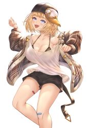 Rule 34 | 1girl, absurdres, alternate costume, bandaid, bare legs, baseball cap, blonde hair, blue eyes, bob cut, bra visible through clothes, breasts, camisole, cleavage, collarbone, cowboy shot, hair ornament, halterneck, hat, highres, hololive, hololive english, honkivampy, jacket, large breasts, looking at viewer, medium hair, mole, mole on breast, open mouth, see-through, shirt, short shorts, shorts, simple background, smile, solo, virtual youtuber, watson amelia, white background, white shirt