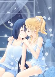 Rule 34 | 10s, 2girls, ayase eli, bare shoulders, blonde hair, blue background, blue flower, blue hair, blue rose, blue theme, collarbone, curtains, closed eyes, flower, highres, holding, long hair, love live!, love live! school idol project, mimori (cotton heart), moon, multiple girls, open mouth, parted lips, petals, ponytail, rose, shorts, sonoda umi, strap slip, yuri