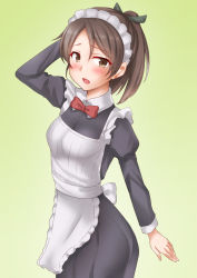 Rule 34 | 1girl, alternate costume, anti (untea9), apron, arm behind head, ass, black dress, blush, breasts, brown eyes, brown hair, collared dress, dress, embarrassed, enmaided, frilled apron, frills, gradient background, green background, hair ribbon, highres, kantai collection, long sleeves, looking at viewer, looking to the side, maid, maid apron, maid headdress, medium hair, ponytail, ribbon, shikinami (kancolle), small breasts, solo, white apron