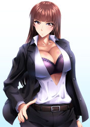 Rule 34 | 1girl, absurdres, belt, black belt, black bra, black jacket, black pants, blunt bangs, bra, breasts, brown eyes, brown hair, cleavage, closed mouth, commentary request, cowboy shot, dress shirt, formal, girls und panzer, hand on own hip, highres, jacket, large breasts, light frown, long hair, long sleeves, looking at viewer, miraino tsubasa, nishizumi shiho, open clothes, open jacket, pant suit, pants, partial commentary, partially unbuttoned, shirt, solo, standing, straight hair, suit, underwear