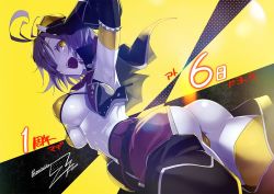 Rule 34 | 1girl, :d, ahoge, armpits, ass, breasts, cowboy shot, dutch angle, formation girls, from below, full body, goggles, goggles on head, malissa flint, midriff, official art, open mouth, purple hair, salute, short hair, signature, simple background, smile, solo, translated, underboob, yellow background, yellow eyes, z-ton