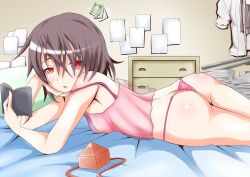 Rule 34 | 1girl, arm support, ass, bare arms, black hair, book, chemise, floral print, hat, unworn hat, hat ribbon, unworn headwear, looking at viewer, lying, on bed, on stomach, open mouth, panties, pillow, pink panties, red eyes, ribbon, see-through, shameimaru aya, unworn shirt, sleepy, solo, tad s, thong, tokin hat, touhou, underwear, underwear only