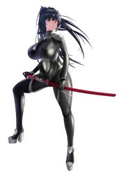 Rule 34 | 1girl, absurdres, black bodysuit, black gloves, blue hair, bodysuit, braid, breasts, closed mouth, commission, covered navel, full body, gloves, hair ornament, high heels, highres, holding, holding sword, holding weapon, impossible bodysuit, impossible clothes, katana, large breasts, long hair, long sleeves, looking at viewer, original, pixiv commission, ponytail, red eyes, ryoko yamaguchi, sankyo (821-scoville), skin tight, solo, standing, star (symbol), star hair ornament, sword, thighs, tight clothes, transparent background, weapon