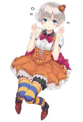 Rule 34 | 10s, 1girl, bloomers, blue eyes, bow, flying sweatdrops, garter straps, halloween, highres, jack-o&#039;-lantern, jack-o&#039;-lantern hair ornament, kantai collection, looking at viewer, monobe tsukuri, open mouth, puffy short sleeves, puffy sleeves, shirt, short sleeves, silver hair, skirt, solo, striped clothes, striped thighhighs, thighhighs, underwear, z1 leberecht maass (kancolle), zettai ryouiki