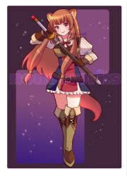 Rule 34 | 1girl, animal ear fluff, animal ears, black background, blunt bangs, boots, breasts, brown footwear, brown gloves, brown hair, commentary, commission, dot nose, dress, english commentary, floating hair, gloves, highres, holding, holding sword, holding weapon, knee boots, light blush, long hair, long sleeves, looking at viewer, medium bangs, medium breasts, multicolored clothes, multicolored dress, nonoworks, purple eyes, raccoon ears, raccoon girl, raccoon tail, raphtalia, ribbed shirt, shirt, short dress, sidelocks, smile, solo, sparkle background, standing, straight-on, sword, tail, tate no yuusha no nariagari, thighs, twitter username, very long hair, walking, watermark, weapon, white shirt