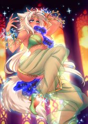 Rule 34 | 1girl, anal, animal ears, anklet, arabian clothes, aurora (deathblight), bare shoulders, beige hair, bottomless, bra, bracelet, breasts, choker, crescentia fortuna, dark skin, deathblight, earrings, evening, fingernails, floating, forced, gold, harem outfit, harem pants, jewelry, large breasts, levitation, long fingernails, long hair, magic, midriff, object insertion, oral, paizuri, pants, pussy, restrained, see-through, shoes, surprised, tail, tiara, underwear, vaginal, wolf girl, yellow eyes