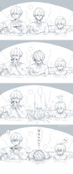 Rule 34 | !?, 3boys, 88 (einnimnech), absurdres, bath, bathing, child gilgamesh (fate), cup, earrings, fate/grand order, fate (series), gilgamesh, gilgamesh (caster) (fate), gilgamesh (fate), highres, jewelry, male focus, monochrome, multiple boys, multiple persona, necklace, nude, onsen, partially submerged, sakazuki, sleeping, sleeping upright, spoken interrobang, steam, surprised, tattoo, towel, towel on head, twitter username, zzz