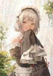 Rule 34 | 1girl, apron, azur lane, black dress, blonde hair, blunt bangs, bob cut, covering own mouth, curtains, double-parted bangs, douya (233), dress, enterprise (hms) (azur lane), frilled dress, frilled sleeves, frills, glasses, hand over own mouth, lace, looking at viewer, maid, maid apron, maid headdress, medium hair, plant, sidelocks, sleeves past fingers, sleeves past wrists, upper body, very long sleeves, yellow eyes