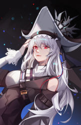 Rule 34 | 1girl, absurdres, arknights, arm up, bare shoulders, black background, black dress, black hat, blue background, breasts, closed mouth, dress, gradient background, grey hair, hand in own hair, hat, highres, lipstick, long hair, long sleeves, makeup, medium breasts, red eyes, smile, solo, specter (arknights), specter the unchained (arknights), upper body, very long hair, vsa (xmj173178)
