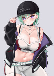 Rule 34 | 1girl, absurdres, asymmetrical pants, barbell piercing, bare shoulders, baseball cap, belt, black belt, black hat, black jacket, blush, bra strap, breasts, bustier, character name, chest belt, cleavage, contrapposto, cowboy shot, crop top, ear piercing, earrings, green hair, hair ornament, hand in pocket, haruo860, hat, highres, jacket, jewelry, large breasts, looking at viewer, loose belt, midriff, mole, mole on breast, navel, necklace, off shoulder, open clothes, open jacket, pants, piercing, purple eyes, purple jacket, red bustier, red nails, short hair, shoulder tattoo, simple background, smile, solo, stomach, tattoo, triangle earrings, two-sided fabric, two-sided jacket, virtual youtuber, vspo!, white belt, white bustier, white pants, x hair ornament, yakumo beni, yakumo beni (4th costume), zipper