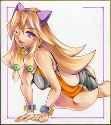 Rule 34 | 1girl, animal ears, aq interactive, arcana heart, arm support, atlus, brown hair, calnarsa, cat ears, competition swimsuit, examu, inuwaka akane, long hair, md5 mismatch, one-piece swimsuit, one eye closed, purple eyes, shikishi, solo, swimsuit, wink