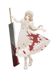 Rule 34 | 1girl, blood, blood on clothes, bloody weapon, boots, braid, braided ponytail, breasts, commentary, deepseaeidolon, dress, floating hair, full body, grey dress, hataraku saibou, juliet sleeves, long dress, long hair, long sleeves, looking at viewer, macrophage (hataraku saibou), open mouth, outstretched arms, parted bangs, puffy sleeves, simple background, smile, solo, standing, twitter logo, twitter username, weapon, white background, white footwear, white headwear