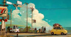 Rule 34 | bag, bird, car, cloud, commentary, crosswalk, day, dog, english commentary, flying, highres, kaye bin, lamppost, lupin iii, motor vehicle, original, outdoors, people, pickup truck, road, scenery, short hair, sign, street, traffic light, truck, water