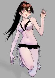 Rule 34 | 1girl, bikini, blush, breasts, brown hair, cleavage, frilled bikini, frills, glasses, grey background, high ponytail, highres, long hair, medium breasts, midriff, navel, open mouth, original, peco (pockleberry), ponytail, red eyes, simple background, solo, stomach, string, swimsuit