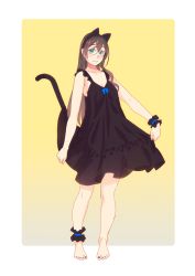 Rule 34 | 1girl, alternate costume, animal ears, anklet, barefoot, black-framed eyewear, black dress, blush, border, breasts, brown hair, cat ears, cat tail, dress, gradient bow, hair between eyes, highres, jewelry, kantai collection, long hair, looking at another, medium breasts, nail polish, ooyodo (kancolle), outside border, scrunchie, semi-rimless eyewear, skirt hold, solo, tail, toenail polish, toenails, under-rim eyewear, white border, wrist scrunchie, yellow background, yuuji (and)