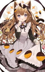 Rule 34 | 1girl, absurdres, animal ear fluff, animal ears, apron, black dress, blue eyes, blush, cat ears, cat girl, cat tail, dress, food, frilled apron, frills, fruit, goma (u p), highres, light brown hair, long sleeves, looking at viewer, maid, maid apron, maid headdress, open mouth, orange (fruit), original, puffy sleeves, solo, tail, tail ornament, waist apron, white apron