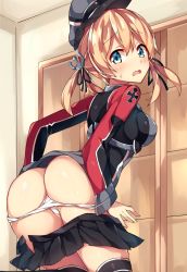 Rule 34 | 10s, 1girl, anchor hair ornament, aqua eyes, ass, black ribbon, black skirt, black thighhighs, blonde hair, blush, butt crack, clothes pull, commentary request, cross, from behind, hair ornament, hat, highres, iron cross, kantai collection, long hair, looking at viewer, looking back, low twintails, microskirt, military, military hat, military uniform, open mouth, panties, panty pull, peaked cap, pleated skirt, prinz eugen (kancolle), revision, ribbon, skirt, skirt pull, solo, sweat, thighhighs, twintails, unacchi (nyusankin), underwear, undressing, uniform, white panties