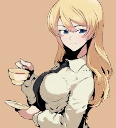 Rule 34 | 10s, 1girl, alternate hairstyle, black necktie, blonde hair, blue eyes, breasts, brown background, closed mouth, cup, darjeeling (girls und panzer), dress shirt, from side, girls und panzer, hair down, holding, large breasts, light smile, long hair, long sleeves, looking at viewer, mityubi, necktie, saucer, school uniform, shirt, simple background, solo, teacup, white shirt