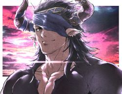 Rule 34 | 1boy, bara, black hair, bursting pectorals, cloud, cloudy sky, dark skin, dark-skinned male, draph, earrings, granblue fantasy, horns, jewelry, light, looking at viewer, male focus, manly, muscular, one eye covered, pectorals, pointy ears, red sky, reinhardtzar, revealing clothes, sky, smile, solo, upper body, zanki