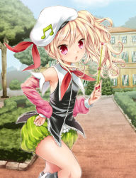 Rule 34 | 1girl, armpits, beamed quavers, blonde hair, detached sleeves, hand on own hip, hat, house, long hair, miyano ururu, momoiro taisen pairon, musical note, open mouth, original, path, red eyes, road, side ponytail, solo