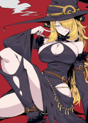 Rule 34 | 1girl, :p, alternate costume, black dress, blonde hair, breasts, cleavage, cleavage cutout, clothing cutout, creatures (company), cynthia (pokemon), detached sleeves, dress, game freak, half-closed eyes, hat, highres, hip vent, large breasts, long sleeves, nintendo, pokemon, pokemon dppt, red background, shimure (460), simple background, sleeveless, sleeveless dress, solo, tongue, tongue out, wide sleeves, witch, witch hat