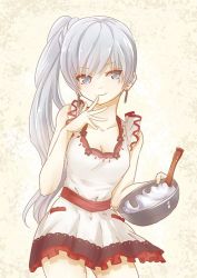 Rule 34 | 1girl, apron, bad id, bad twitter id, blue eyes, bowl, cooking, food, looking at viewer, ponytail, rwby, simple background, smile, solo, solo focus, weiss schnee, white hair