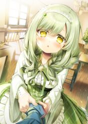 Rule 34 | 1girl, apron, blush, breasts, chair, chi no, commentary request, green hair, headband, highres, maid, medium breasts, medium hair, open mouth, original, parted bangs, plant, pov, pov hands, reaching, reaching towards viewer, solo focus, table, window, yellow eyes