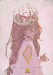 Rule 34 | 1girl, bone, brown hair, closed eyes, crown, dated, highres, holding, holding own hair, long hair, original, parted lips, signature, solo, xilmo