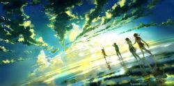 Rule 34 | 2boys, 2girls, barefoot, cloud, commentary, dutch angle, english commentary, highres, holding, holding shoes, horizon, knite, long hair, multiple boys, multiple girls, original, reflection, scenery, shoes, unworn shoes, short hair, sky, walking, walking on liquid, water, yuumei