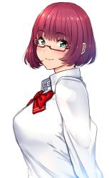 Rule 34 | 1girl, absurdres, amatani mutsu, arms behind back, bob cut, bouhatei (t-back), bow, bowtie, brown hair, closed mouth, commentary request, glasses, green eyes, highres, looking back, red-framed eyewear, red bow, red bowtie, school uniform, shirt, simple background, smile, solo, sounan desuka?, upper body, white background, white shirt
