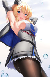 Rule 34 | 1girl, :d, armpits, ass, blonde hair, blue eyes, blue necktie, blush, braid, breasts, capelet, colorado (kancolle), commentary request, cowboy shot, dress, elbow gloves, from below, garrison cap, gloves, grey dress, grey hat, hat, headgear, highres, kantai collection, large breasts, looking at viewer, necktie, nekomori caburi, open mouth, pantyhose, short hair, side braids, sideboob, simple background, sleeveless, smile, solo, standing, water drop