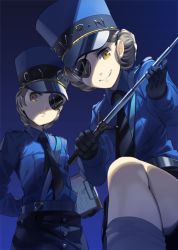 Rule 34 | 10s, 2girls, arm behind back, baton, baton (weapon), black gloves, black necktie, black shorts, blonde hair, blue background, blue shirt, braid, caroline (persona 5), clipboard, closed mouth, double bun, dress shirt, expandable baton, eyepatch, gloves, grey hair, grin, hair bun, hat, holding, holding weapon, justine (persona 5), long sleeves, looking at viewer, military hat, multiple girls, necktie, parsley-f, parted lips, pencil skirt, persona, persona 5, shade, shirt, short hair, shorts, siblings, sisters, skirt, smile, strap, twins, weapon, yellow eyes