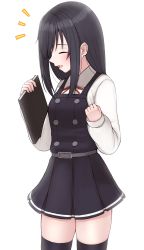 Rule 34 | 1girl, absurdres, asashio (kancolle), asashio kai ni (kancolle), black hair, black thighhighs, book, closed eyes, commentary request, dress, highres, kantai collection, long hair, long sleeves, pinafore dress, profile, shirt, simple background, sleeveless, sleeveless dress, solo, thighhighs, tiemu (man190), white background, white shirt