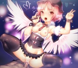 Rule 34 | 1girl, animal ears, ayagi daifuku, black thighhighs, blush, breasts, breasts out, censored, cum, cum in pussy, detached collar, detached sleeves, girl on top, hat, heart, hetero, looking at viewer, microphone, microskirt, music, mystia lorelei, navel, necktie, nipples, no panties, open mouth, penis, pink hair, pussy, sex, short hair, singing, skirt, small breasts, solo focus, striped necktie, striped neckwear, tears, thighhighs, touhou, v, vaginal, wings, wrist cuffs