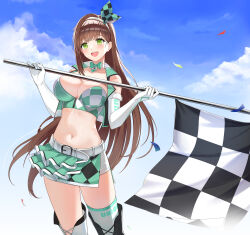 Rule 34 | 1girl, bare shoulders, belt, black vest, boots, bow, bowtie, breasts, brown hair, checkered flag, choker, cleavage, closers, cloud, collarbone, cowboy shot, crop top, cropped vest, elbow gloves, flag, gloves, green eyes, green shirt, green skirt, hairband, hands up, highres, holding, holding flag, large breasts, long hair, looking at viewer, midriff, miniskirt, navel, non-web source, official art, open clothes, open mouth, open vest, outdoors, race queen, shirt, side slit, skindentation, skirt, sleeveless, sleeveless shirt, smile, solo, soma (closers), standing, stomach, thigh boots, thighhighs, thighs, very long hair, vest, white choker, white gloves, white thighhighs, zettai ryouiki