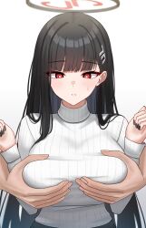 Rule 34 | 1girl, absurdres, black hair, blue archive, blunt bangs, blush, breasts, bright pupils, disembodied limb, grabbing, grabbing another&#039;s breast, grabbing from behind, groping, hair ornament, hairclip, halo, hetero, highres, large breasts, long hair, long sleeves, looking at viewer, mijikayo, molestation, red eyes, rio (blue archive), solo, sweater, turtleneck, turtleneck sweater, very long hair, white sweater