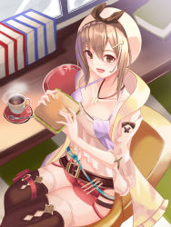 Rule 34 | 1girl, absurdres, atelier (series), atelier ryza, atelier ryza 1, bad id, bad pixiv id, belt, belt buckle, book, boots, breasts, brown eyes, brown hair, buckle, chair, cleavage, coffee, collarbone, cup6542, desk, flask, food, hat, highres, indoors, jewelry, looking at viewer, medium breasts, necklace, open mouth, plate, red shorts, reisalin stout, round-bottom flask, sandwich, short hair, short shorts, shorts, sideboob, sidelocks, smile, spoon, star (symbol), star necklace, thick thighs, thigh boots, thighhighs, thighs, white headwear, white thighhighs, window