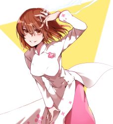 Rule 34 | 1girl, arm up, breasts, brown eyes, brown hair, commentary request, dress, electricity, grin, hair between eyes, hand to head, highres, large breasts, leaning forward, long sleeves, looking at viewer, misaka worst, nanaheibei 3, pelvic curtain, psychic, smile, solo, toaru majutsu no index, two-tone background, vietnamese dress, white background, white dress, yellow background
