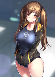 Rule 34 | 1girl, 404 logo (girls&#039; frontline), black jacket, blue one-piece swimsuit, blurry, blurry background, bosshi, breasts, brown eyes, brown hair, closed mouth, collarbone, competition swimsuit, covered erect nipples, cowboy shot, depth of field, girls&#039; frontline, grey one-piece swimsuit, hair ornament, hair ribbon, hairclip, hands in pockets, highres, jacket, large breasts, long hair, long sleeves, one-piece swimsuit, ribbon, solo, standing, swimsuit, swimsuit under clothes, twintails, ump9 (girls&#039; frontline)