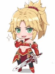 Rule 34 | 1girl, :d, bare shoulders, black thighhighs, blonde hair, blush, braid, breasts, chibi, detached sleeves, fang, fate/apocrypha, fate (series), french braid, full body, green eyes, hair ornament, hair scrunchie, hand up, highres, holding, holding sword, holding weapon, juliet sleeves, long hair, long sleeves, looking at viewer, mordred (fate), mordred (fate/apocrypha), navel, open mouth, parted bangs, ponytail, puffy sleeves, red footwear, red scrunchie, scrunchie, shoes, small breasts, smile, solo, standing, sword, thighhighs, tonee, weapon