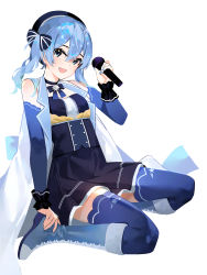Rule 34 | 1girl, :d, absurdres, beret, black hat, blue eyes, blue hair, blue nails, blue thighhighs, boots, bow, dress, hair bow, hat, highres, hololive, hoshimachi suisei, hoshimachi suisei (old design), mania (fd6060 60), microphone, nail polish, open mouth, side ponytail, simple background, sleeveless, sleeveless jacket, smile, solo, star-shaped pupils, star (symbol), symbol-shaped pupils, thighhighs, virtual youtuber, white background, zettai ryouiki