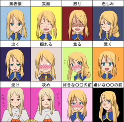 Rule 34 | 3girls, agrias oaks, akimichi, alicia (fft), blonde hair, blue eyes, blush, braid, chart, expressions, closed eyes, final fantasy, final fantasy tactics, gloves, knight, laughing, lavian, long hair, multiple girls, multiple views, open mouth, red eyes, single braid, smile, surprised, sweatdrop, tears, translated