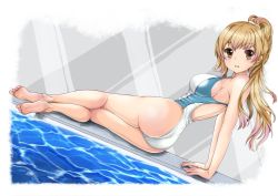Rule 34 | 1girl, arm support, ass, bad anatomy, bad feet, barefoot, brown eyes, brown hair, competition swimsuit, dutch angle, mashinatsu, one-piece swimsuit, original, ponytail, poolside, poorly drawn, solo, striped, striped background, swimsuit