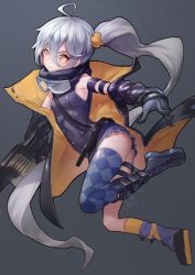 Rule 34 | 1girl, absurdres, ahoge, black footwear, black gloves, blue thighhighs, boots, breasts, checkered clothes, checkered legwear, girls&#039; frontline, gloves, gun, highres, holding, holding gun, holding weapon, ildy, knee boots, long hair, looking at viewer, medium breasts, orange eyes, ponytail, silver hair, solo, thighhighs, weapon